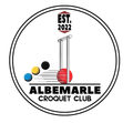 Albemarle Croquet Club logo: red ball hitting a hoop, other colored balls, black text on white circle.