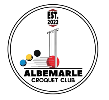 Albemarle Croquet Club logo: red ball hitting a hoop, other colored balls, black text on white circle.